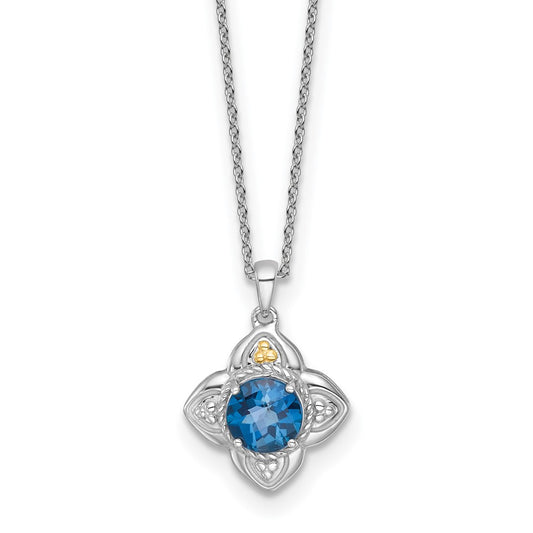 Shey Couture Sterling Silver Rhodium-plated with 14k Accent Round London Blue Topaz Flower 18 inch with 2 inch Extension Necklace QTC1853