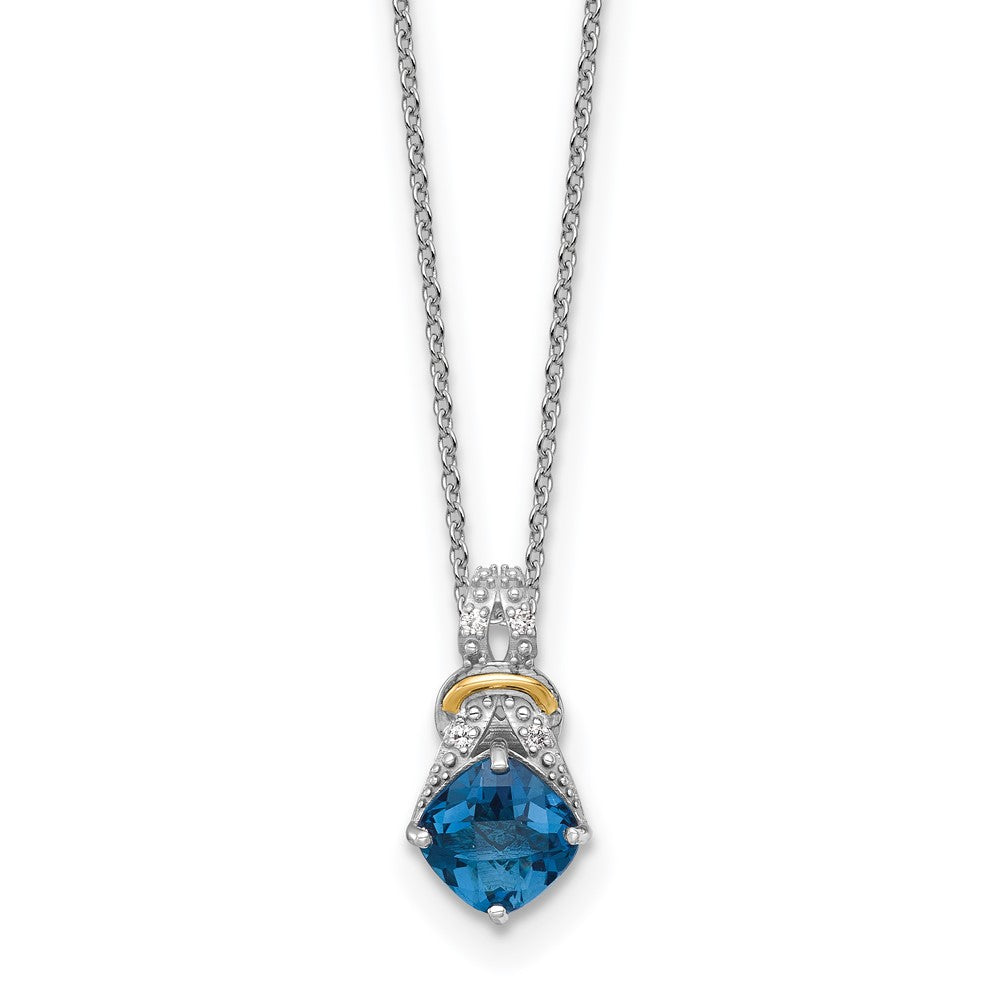 Shey Couture Sterling Silver Rhodium-plated with 14k Accent Checker Cushion London Blue Topaz .04ct. Diamond 18 inch w/2 inch Extension Necklace QTC1855