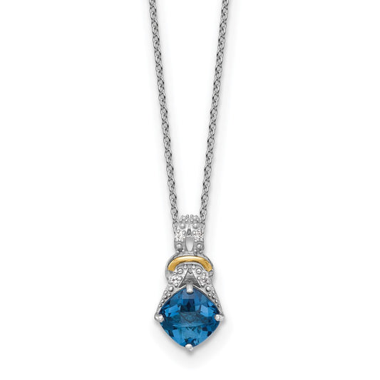 Shey Couture Sterling Silver Rhodium-plated with 14k Accent Checker Cushion London Blue Topaz .04ct. Diamond 18 inch w/2 inch Extension Necklace QTC1855