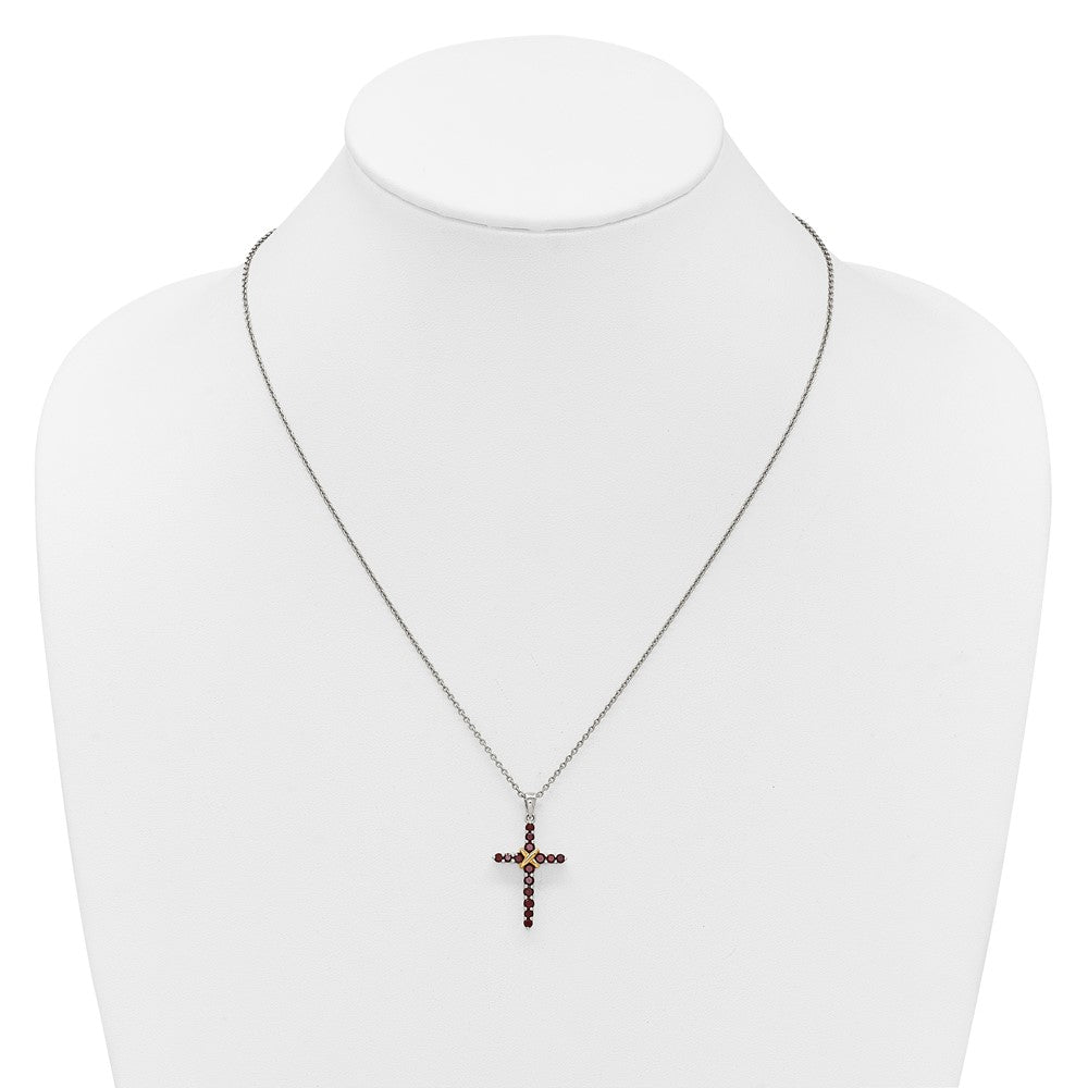 Shey Couture Sterling Silver Rhodium-plated with 14k -X- Accent Round Garnet Cross 18 inch with 2 inch Extension Necklace QTC1860