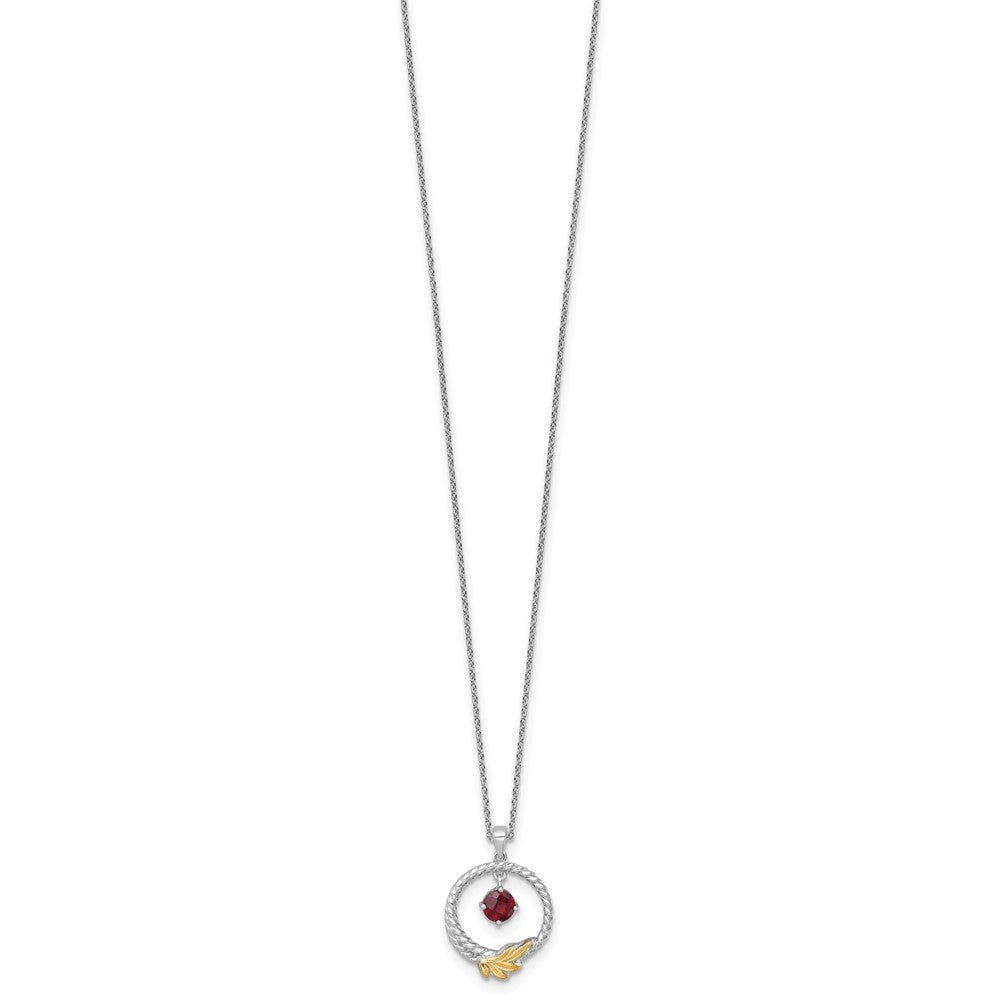 Shey Couture Sterling Silver Rhodium-plated Twisted Circle with 14k Leaf Accent Round Garnet Dangle 18 inch with 2 inch Extension Necklace QTC1862