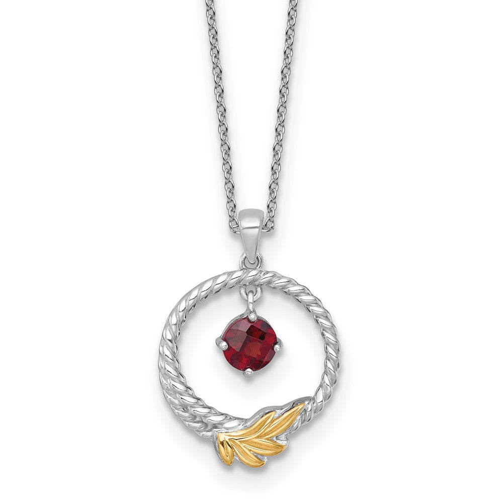 Shey Couture Sterling Silver Rhodium-plated Twisted Circle with 14k Leaf Accent Round Garnet Dangle 18 inch with 2 inch Extension Necklace QTC1862