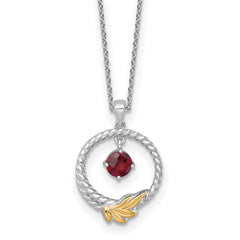 Shey Couture Sterling Silver Rhodium-plated Twisted Circle with 14k Leaf Accent Round Garnet Dangle 18 inch with 2 inch Extension Necklace QTC1862