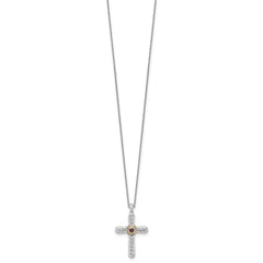 Shey Couture Sterling Silver Rhodium-plated with 14k Accent Round Garnet Textured Cross 18 inch with 2 inch Extension Necklace QTC1863