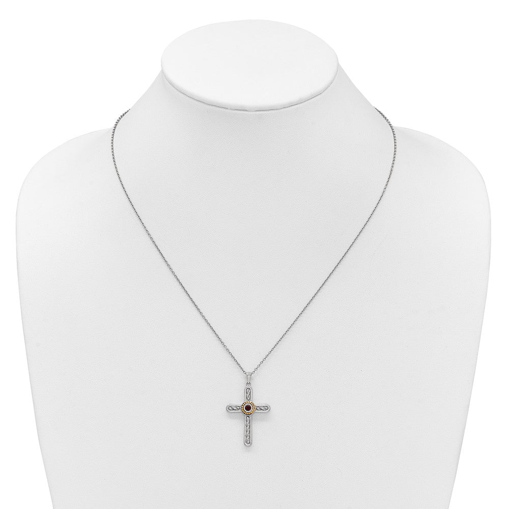 Shey Couture Sterling Silver Rhodium-plated with 14k Accent Round Garnet Textured Cross 18 inch with 2 inch Extension Necklace QTC1863