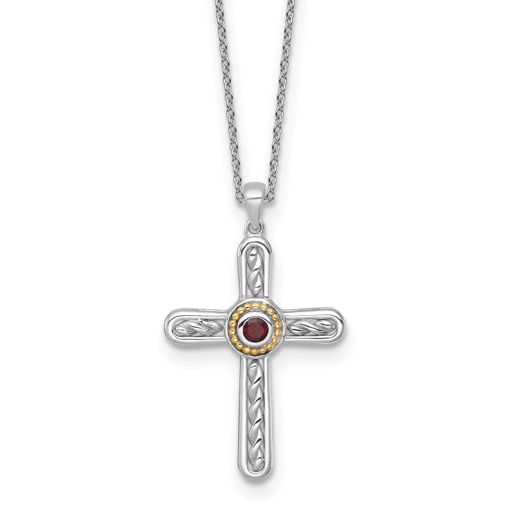 Shey Couture Sterling Silver Rhodium-plated with 14k Accent Round Garnet Textured Cross 18 inch with 2 inch Extension Necklace QTC1863