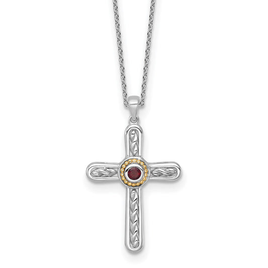 Shey Couture Sterling Silver Rhodium-plated with 14k Accent Round Garnet Textured Cross 18 inch with 2 inch Extension Necklace QTC1863