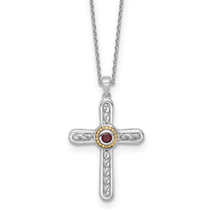 Shey Couture Sterling Silver Rhodium-plated with 14k Accent Round Garnet Textured Cross 18 inch with 2 inch Extension Necklace QTC1863