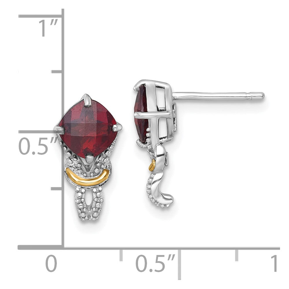 QTC1866 Shey Couture Sterling Silver Rhodium-plated with 14k Accent Checker-cut Cushion Garnet and .02ct. Diamond Post Earrings