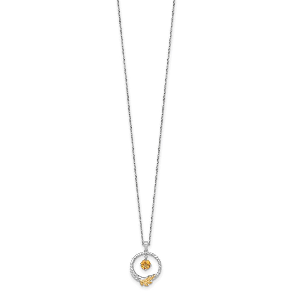 Shey Couture Sterling Silver Rhodium-plated Twisted Circle with 14k Leaf Accent Round Citrine Dangle 18 inch with 2 inch Extension Necklace QTC1868