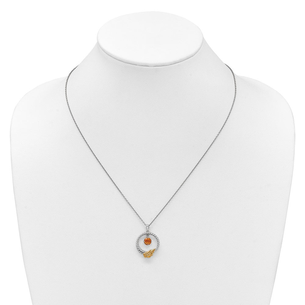 Shey Couture Sterling Silver Rhodium-plated Twisted Circle with 14k Leaf Accent Round Citrine Dangle 18 inch with 2 inch Extension Necklace QTC1868