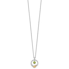 Shey Couture Sterling Silver Rhodium-plated Twisted Circle with 14k Leaf Accent Round Peridot Dangle 18 inch with 2 inch Extension Necklace QTC1869