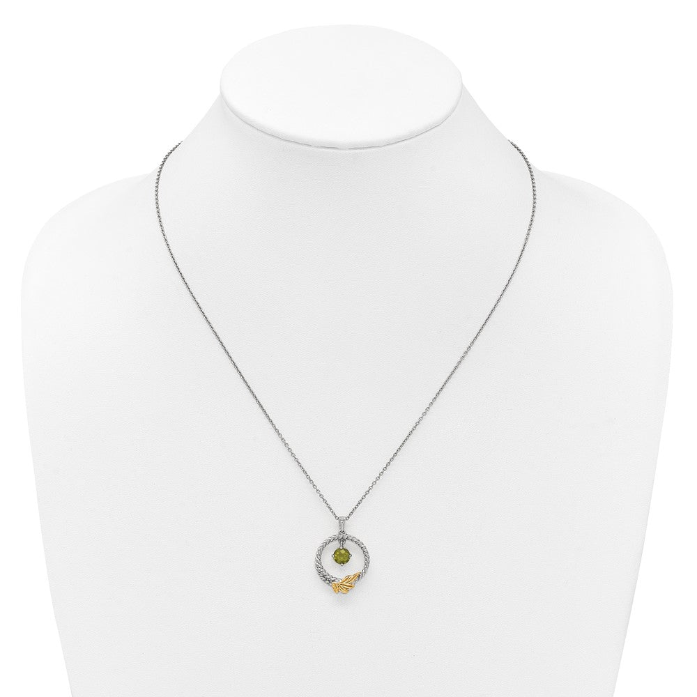 Shey Couture Sterling Silver Rhodium-plated Twisted Circle with 14k Leaf Accent Round Peridot Dangle 18 inch with 2 inch Extension Necklace QTC1869
