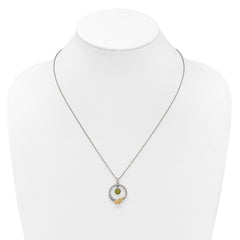 Shey Couture Sterling Silver Rhodium-plated Twisted Circle with 14k Leaf Accent Round Peridot Dangle 18 inch with 2 inch Extension Necklace QTC1869