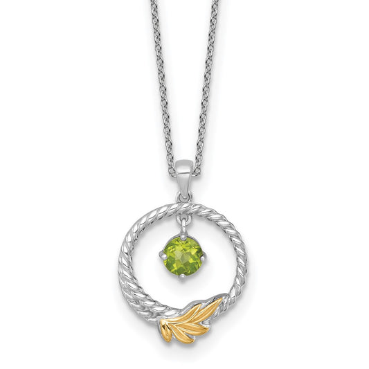 Shey Couture Sterling Silver Rhodium-plated Twisted Circle with 14k Leaf Accent Round Peridot Dangle 18 inch with 2 inch Extension Necklace QTC1869