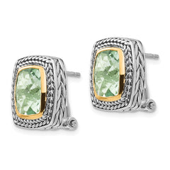 QTC194 Shey Couture Sterling Silver with 14K Accent Antiqued Cushion Bezel Green Quartz Omega Back Earrings