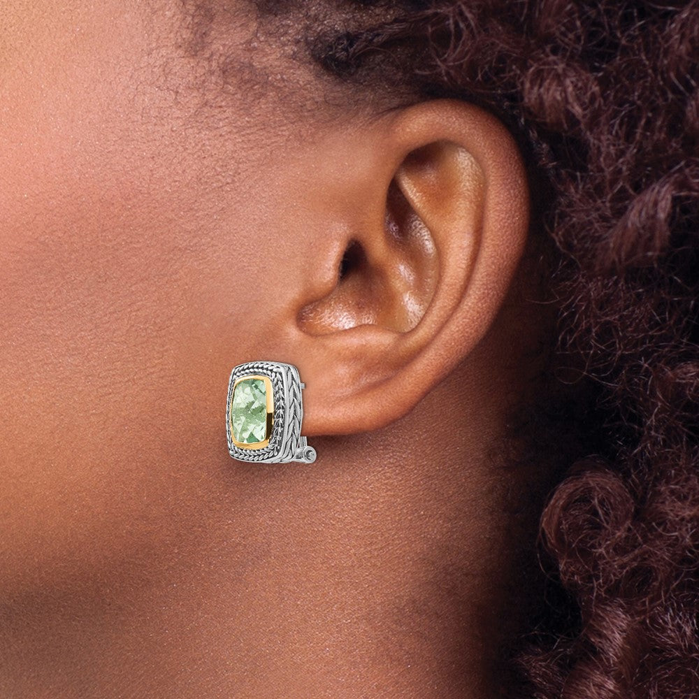 QTC194 Shey Couture Sterling Silver with 14K Accent Antiqued Cushion Bezel Green Quartz Omega Back Earrings