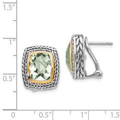 QTC194 Shey Couture Sterling Silver with 14K Accent Antiqued Cushion Bezel Green Quartz Omega Back Earrings