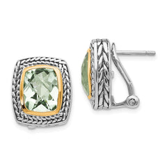 QTC194 Shey Couture Sterling Silver with 14K Accent Antiqued Cushion Bezel Green Quartz Omega Back Earrings