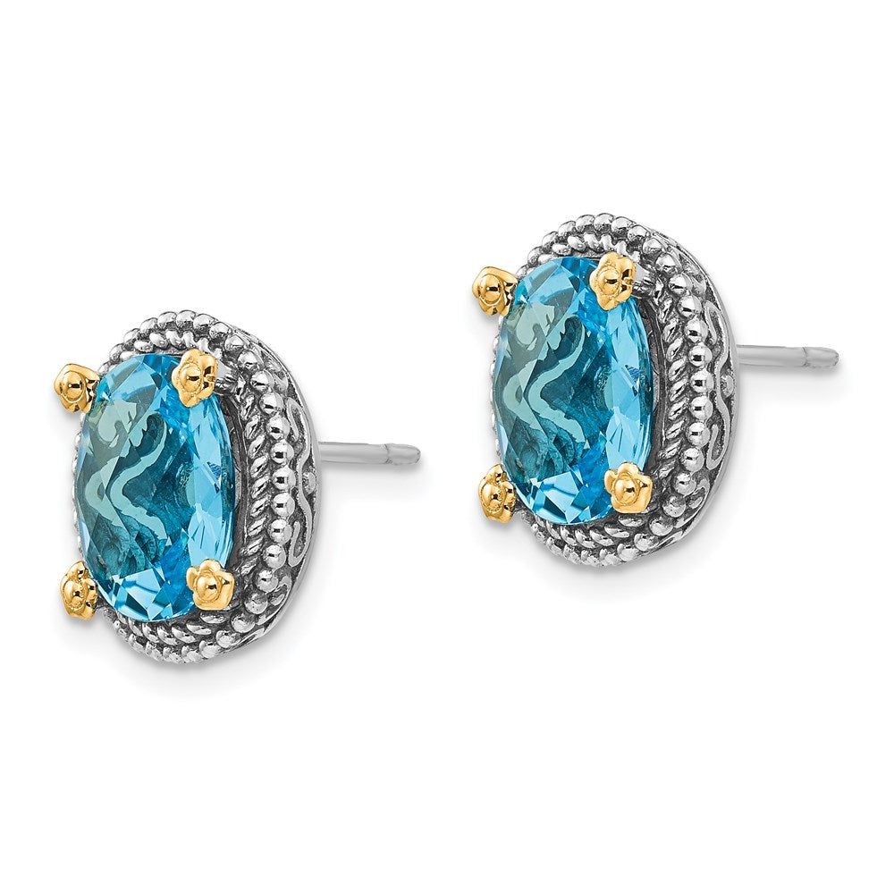 QTC226 Shey Couture Sterling Silver with 14K Accent Antiqued Oval Swiss Blue Topaz Post Earrings