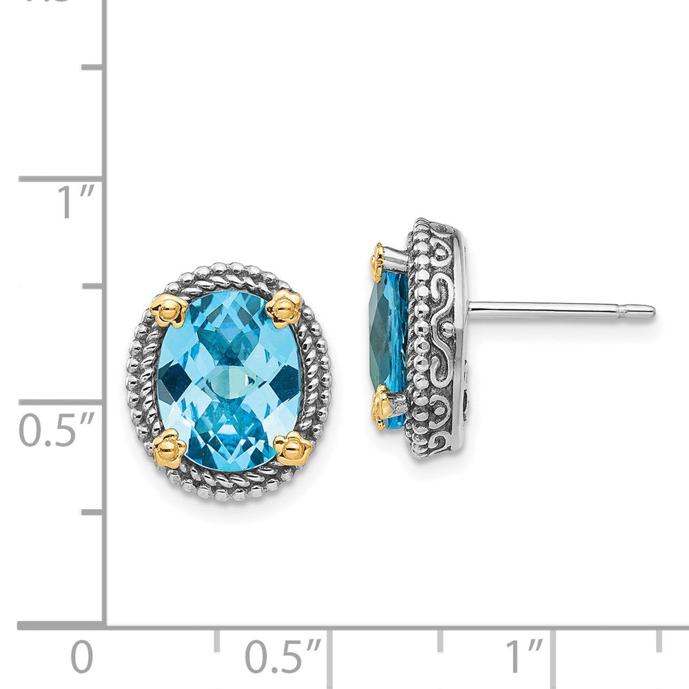 QTC226 Shey Couture Sterling Silver with 14K Accent Antiqued Oval Swiss Blue Topaz Post Earrings