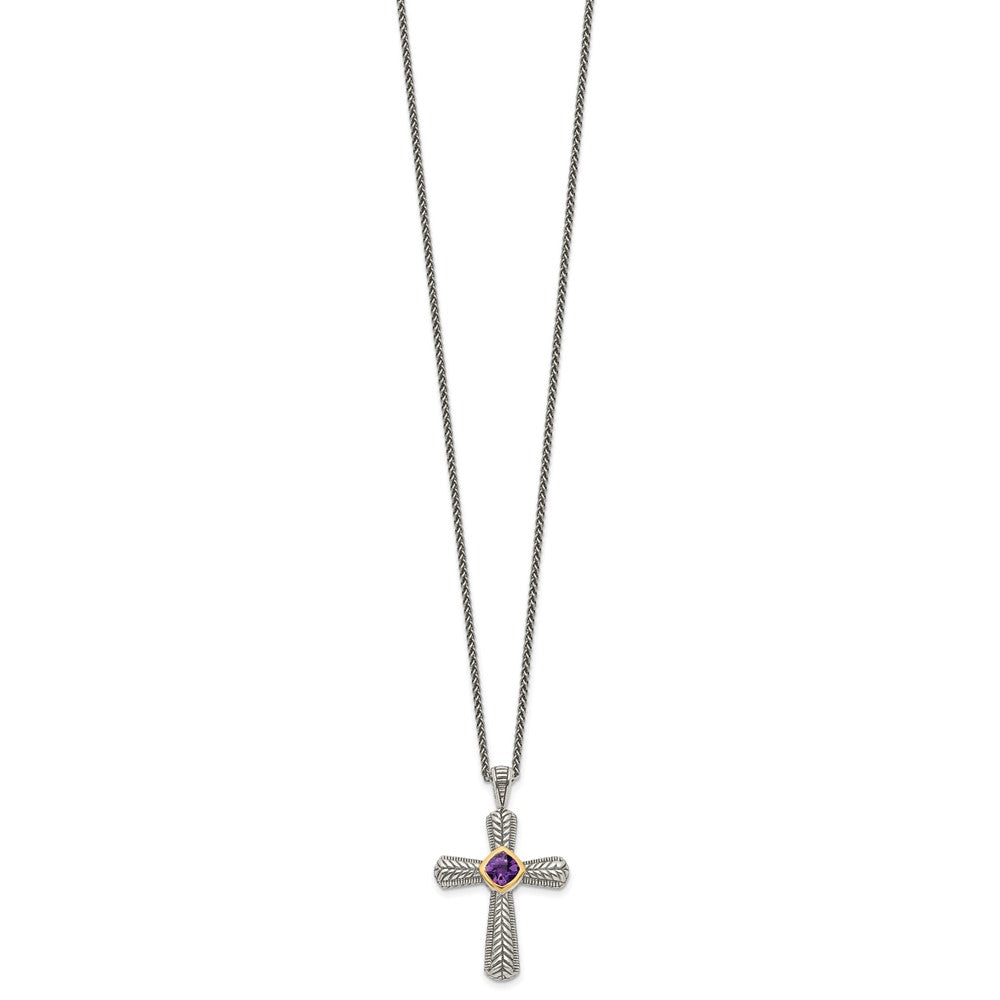 Shey Couture Sterling Silver with 14K Accent 18 Inch Antiqued Cushion Bezel Amethyst Cross Necklace QTC243