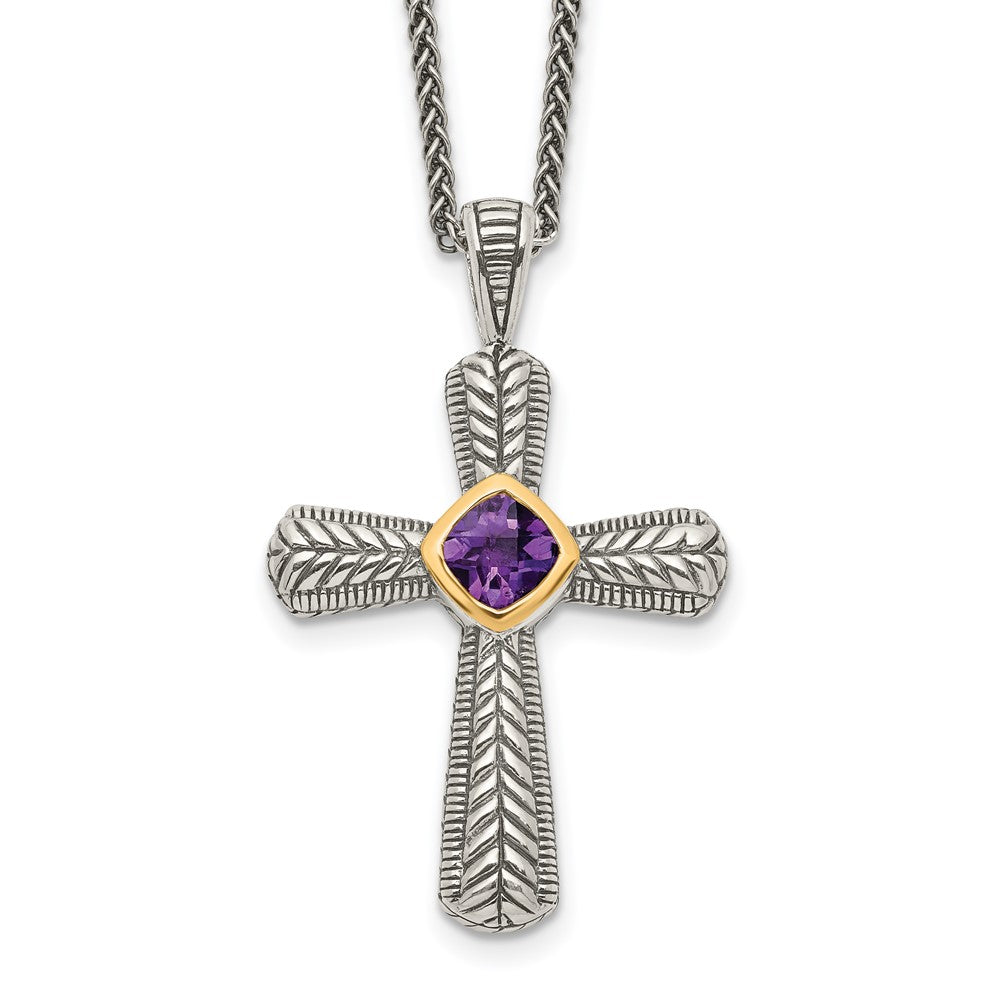 Shey Couture Sterling Silver with 14K Accent 18 Inch Antiqued Cushion Bezel Amethyst Cross Necklace QTC243