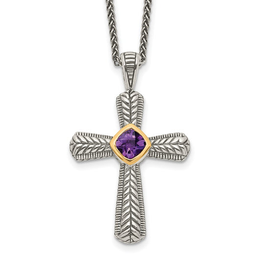 Shey Couture Sterling Silver with 14K Accent 18 Inch Antiqued Cushion Bezel Amethyst Cross Necklace QTC243