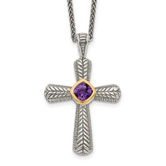 Shey Couture Sterling Silver with 14K Accent 18 Inch Antiqued Cushion Bezel Amethyst Cross Necklace QTC243