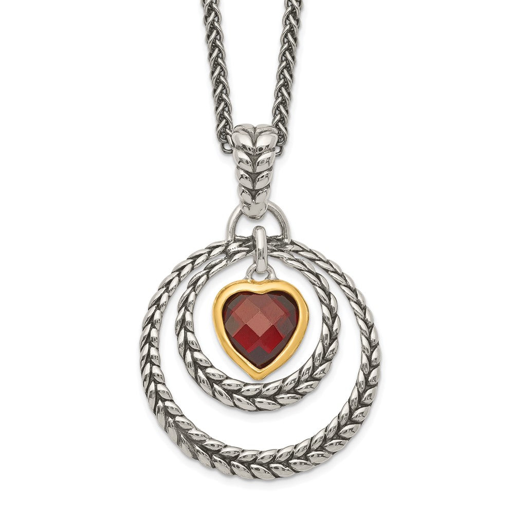 Shey Couture Sterling Silver Gold-tone Flash Gold-plated 18 Inch Antiqued Checkerboard Garnet Heart Necklace QTC27