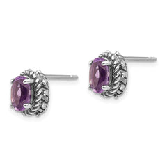 QTC274 Shey Couture Sterling Silver Antiqued Oval Amethyst Post Earrings