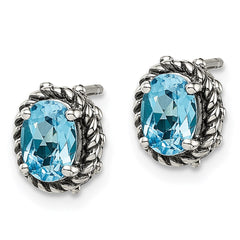 QTC275 Shey Couture Sterling Silver Antiqued Oval Blue Topaz Post Earrings