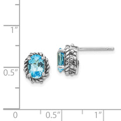 QTC275 Shey Couture Sterling Silver Antiqued Oval Blue Topaz Post Earrings