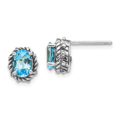 QTC275 Shey Couture Sterling Silver Antiqued Oval Blue Topaz Post Earrings