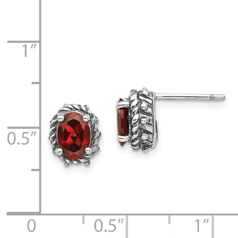 QTC278 Shey Couture Sterling Silver Antiqued Oval Garnet Post Earrings