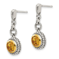 QTC28 Shey Couture Sterling Silver Gold-tone Flash Gold-plated Antiqued Round Bezel Citrine Post Dangle Earrings