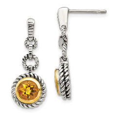 QTC28 Shey Couture Sterling Silver Gold-tone Flash Gold-plated Antiqued Round Bezel Citrine Post Dangle Earrings