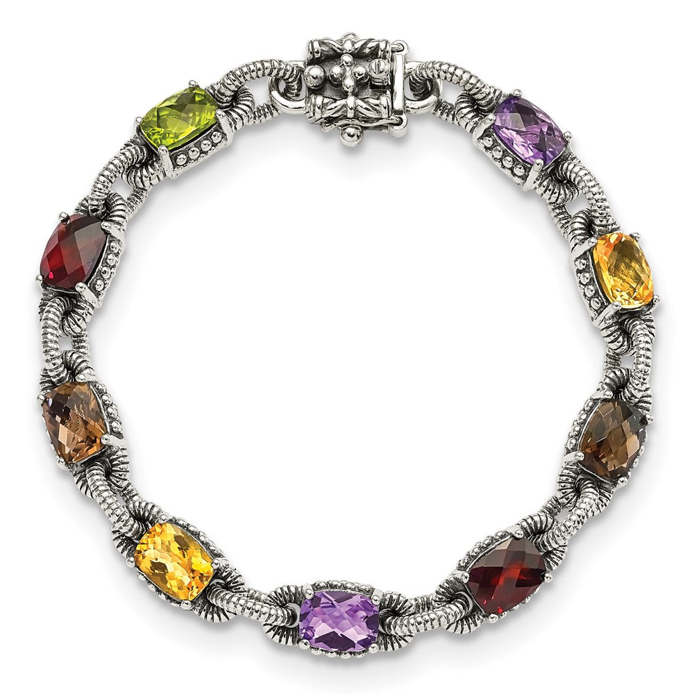 Shey Couture Sterling Silver 7.25 Inch Antiqued Cushion .86Amethyst/.86Citrine/1.10Garnet/.55Peridot/.86Smoky Quartz Bracelet QTC296
