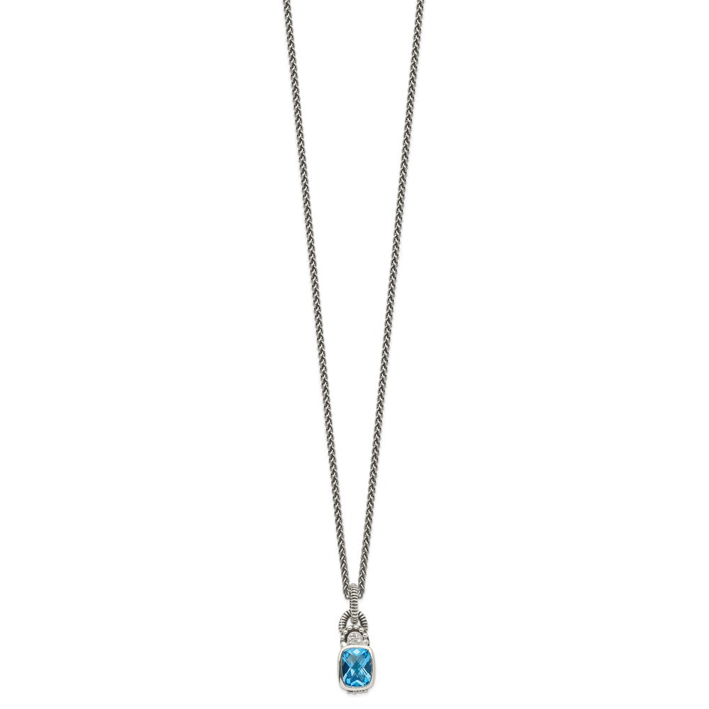 Shey Couture Sterling Silver 18 Inch Antiqued Cushion Bezel Sky Blue Topaz and Diamond Necklace QTC298