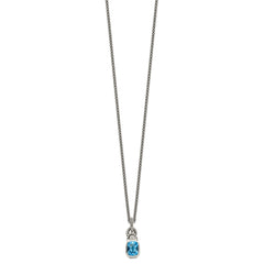 Shey Couture Sterling Silver 18 Inch Antiqued Cushion Bezel Sky Blue Topaz and Diamond Necklace QTC298