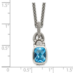 Shey Couture Sterling Silver 18 Inch Antiqued Cushion Bezel Sky Blue Topaz and Diamond Necklace QTC298