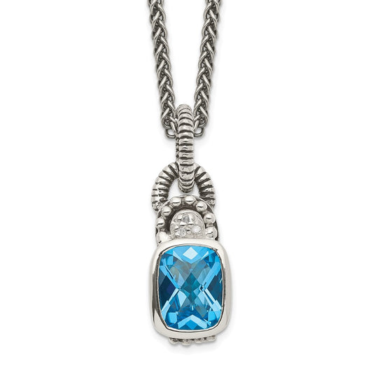 Shey Couture Sterling Silver 18 Inch Antiqued Cushion Bezel Sky Blue Topaz and Diamond Necklace QTC298