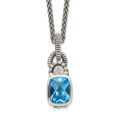 Shey Couture Sterling Silver 18 Inch Antiqued Cushion Bezel Sky Blue Topaz and Diamond Necklace QTC298
