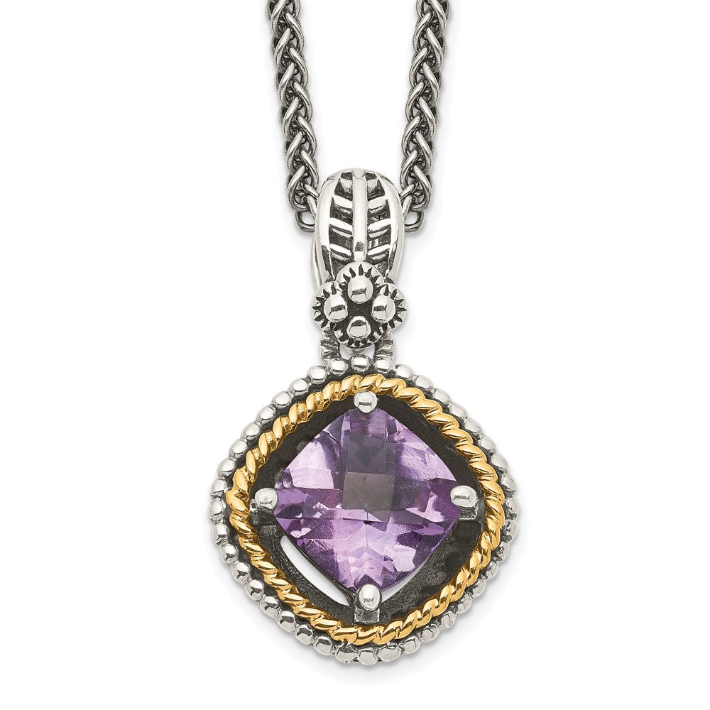 Shey Couture Sterling Silver with 14K Accent 18 Inch Antiqued Cushion Amethyst Necklace QTC356