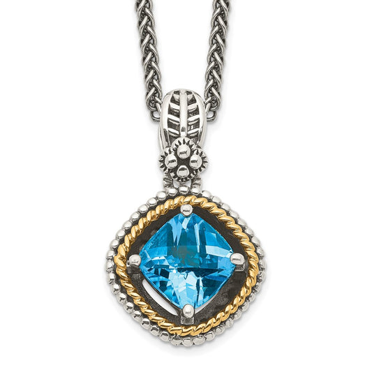 Shey Couture Sterling Silver with 14K Accent 18 Inch Antiqued Cushion Swiss Blue Topaz Necklace QTC357
