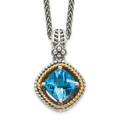 Shey Couture Sterling Silver with 14K Accent 18 Inch Antiqued Cushion Swiss Blue Topaz Necklace QTC357
