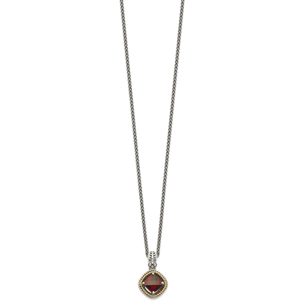 Shey Couture Sterling Silver with 14K Accent 18 Inch Antiqued Checkerboard Cushion Garnet Necklace QTC360