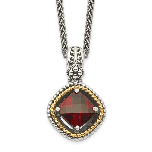 Shey Couture Sterling Silver with 14K Accent 18 Inch Antiqued Checkerboard Cushion Garnet Necklace QTC360