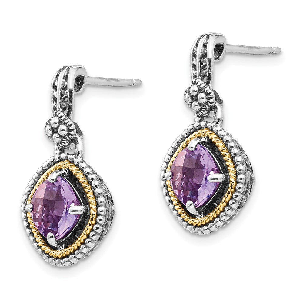 QTC362 Shey Couture Sterling Silver with 14K Accent Antiqued Cushion Amethyst Post Dangle Earrings