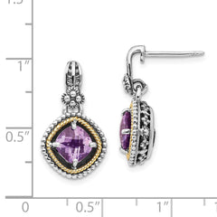 QTC362 Shey Couture Sterling Silver with 14K Accent Antiqued Cushion Amethyst Post Dangle Earrings